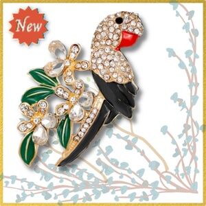 Parrot Brooch Pin Back Crystal Rhinestone Leaves Branches - Pin Back- Detailed